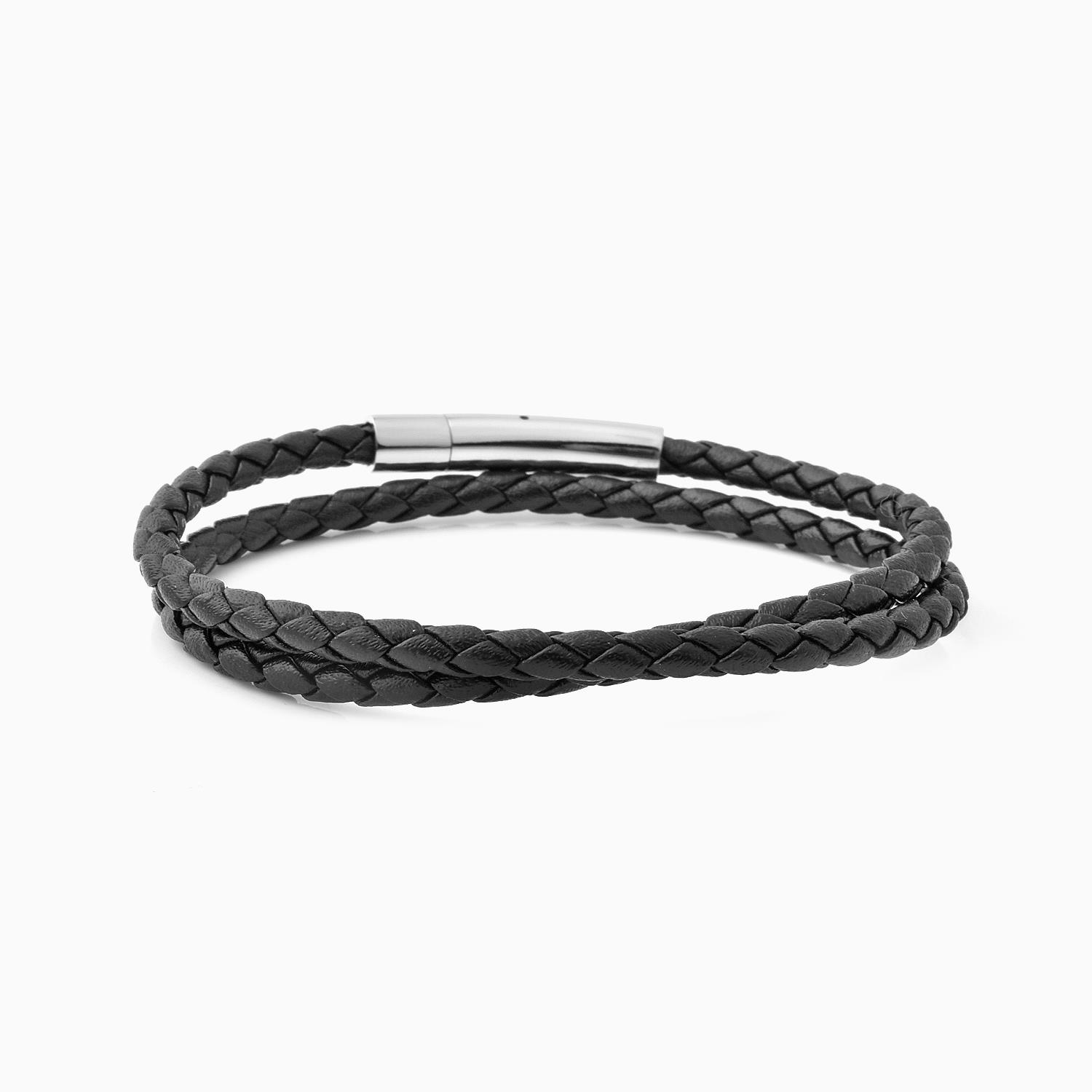 Men's Braided Black Leather Double-Wrap Bracelet